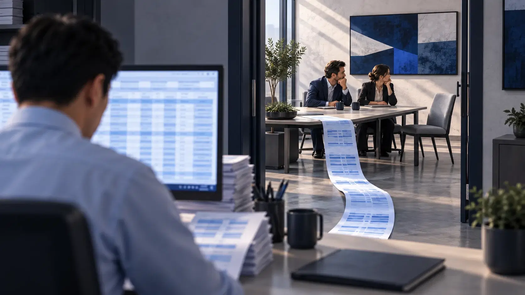 An analyst works on a report in the foreground while the sales team waits at a meeting table in the next room.